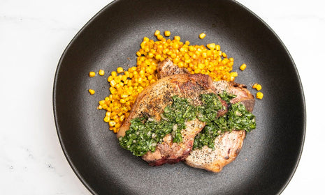 Italian pork chops with sweet pepper pesto corn succotash and salsa verde