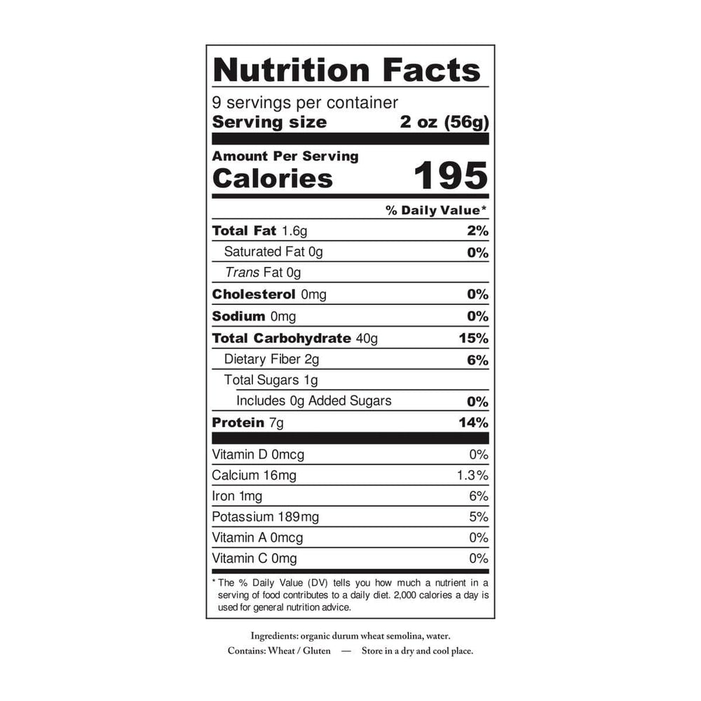 Organic Ancient Grain Penne pasta nutrition and ingredient label