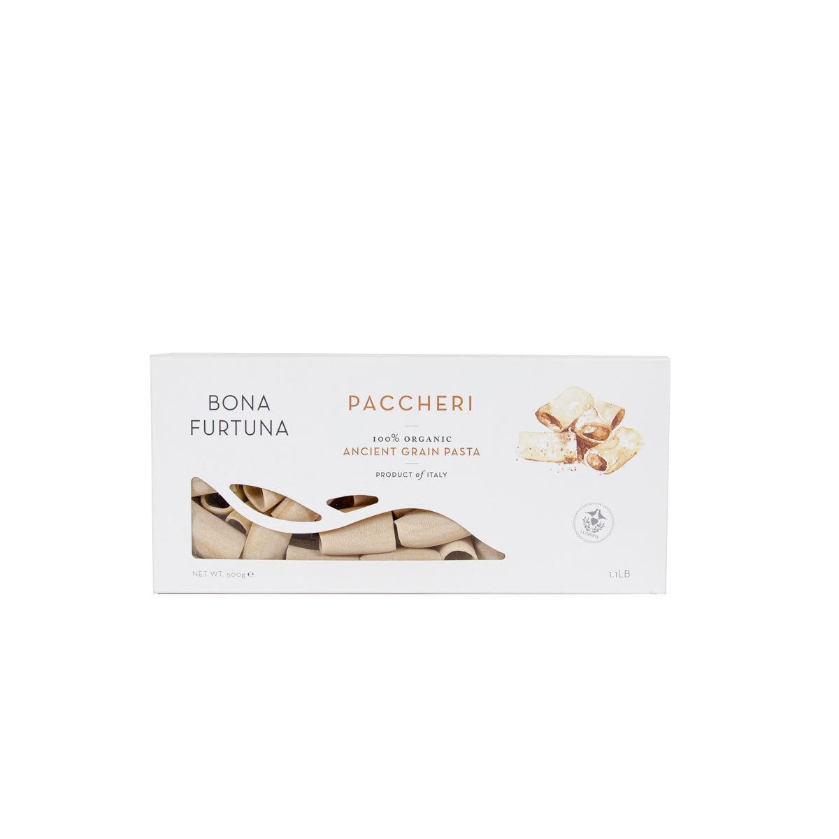 Bona Furtuna Paccheri - SOFI Gold Award Heirloom Wheat Sicilian Pasta - stuffed pasta shapes - paccheri pasta box