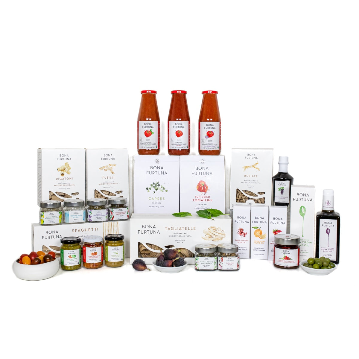 Buone Feste Italian Holiday Pantry Gift Set- Olive Oil, Pasta, Marinara, Seasonings, Balsamic Vinegar and Stuffed Peppers - sustainable christmas gifts
