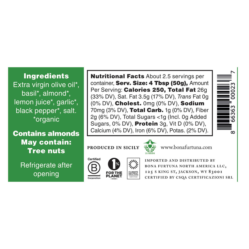 Bona Furtuna Basil Almond Pesto - Nutrition Facts and Ingredients