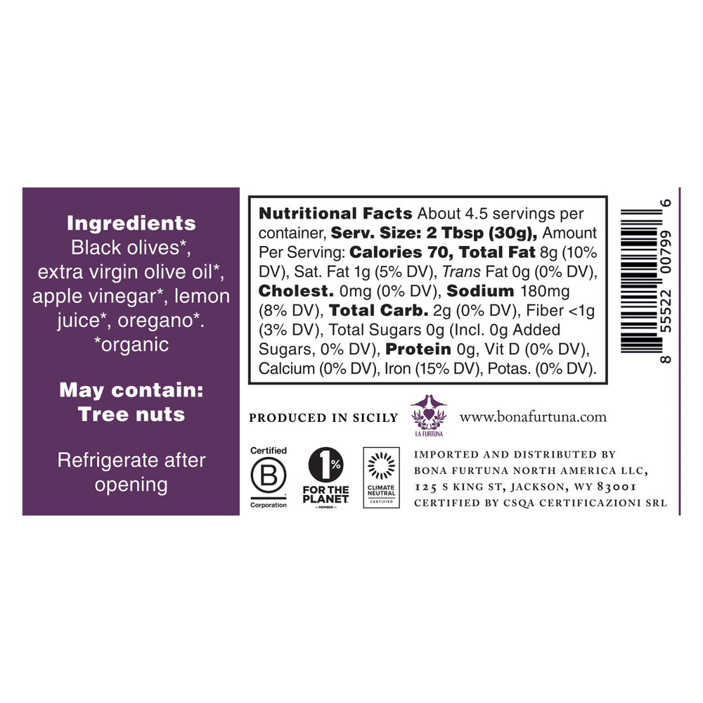 Bona Furtuna Black Olive Tapenade - Nutrition Facts and Ingredients