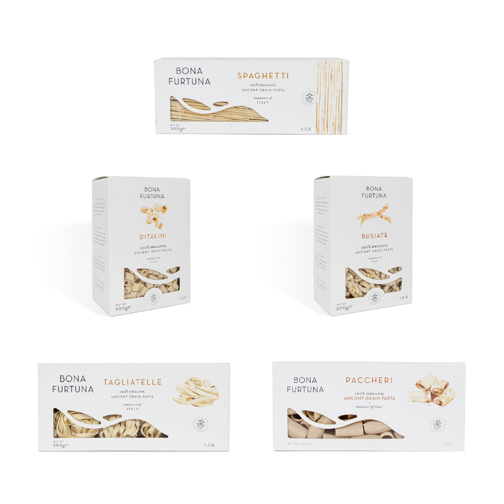 Collection of Bona Furtuna pasta boxes on a white background - Tagliatelle Ancient Grain pasta - Buone Feste Sicilian Holiday Gift Set - made in sicily gifts
