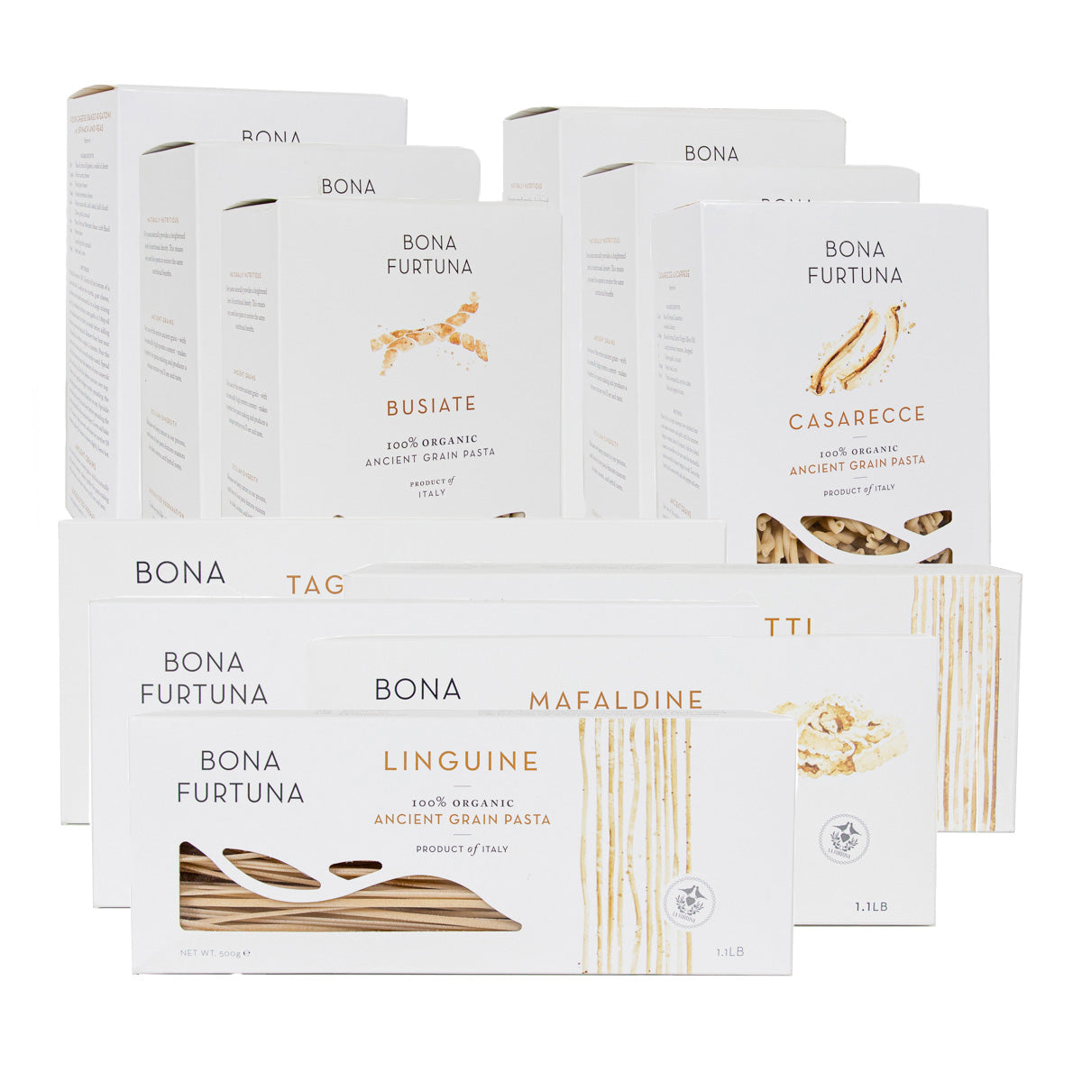 Collection of Bona pasta boxes with various types of pasta on a white background