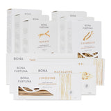 Collection of Bona pasta boxes with various types of pasta on a white background