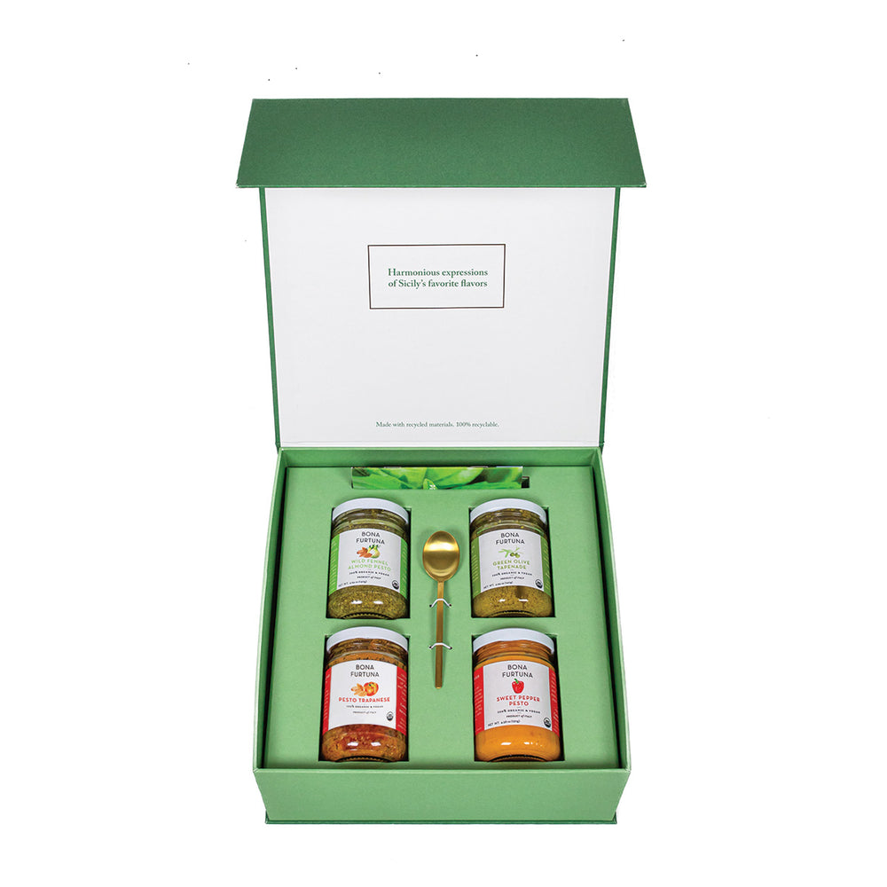 Bona Furtuna From Sicily With Love - Gift Set including fresh Wild Fennel Almond Pesto, buttery Green Olive Tapenade, velvety Sweet Pepper Pesto, and soft Pesto Trapanese