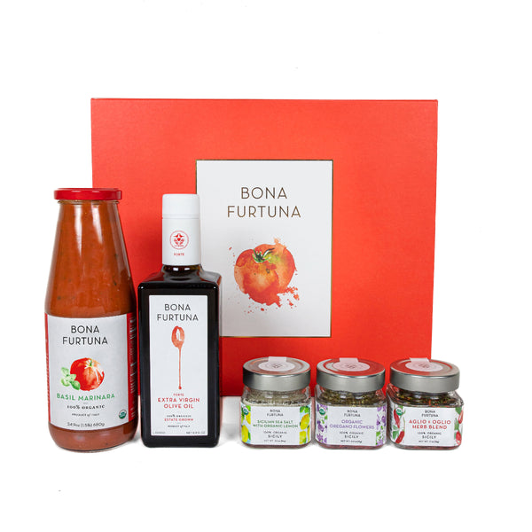 Bona Furtuna The Sicilian - Olive Oil Gift Set with Marinara Pasta Sauce, Sea Salt, Basil and Herbs - italian gifts - sicilian gifts