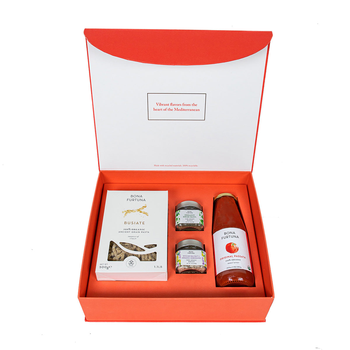 Bona Furtuna Taste Of Trapani Organic Italian Gift Set - Busiate Pasta, Marinara Sauce, Sicilian Herb Salt, Dried Basil