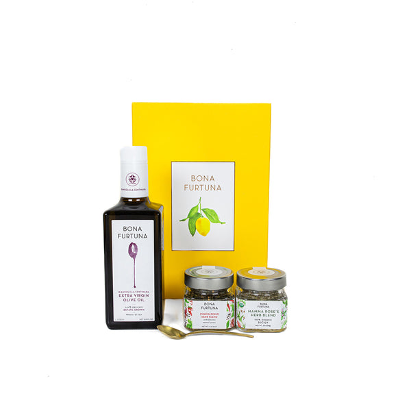 Bona Furtuna The Giardinello - Sicilian Gift Set with Extra Virgin Olive Oil, Herb Blends and Seasoning Spoon - olive oil gift - best olive oil gift set