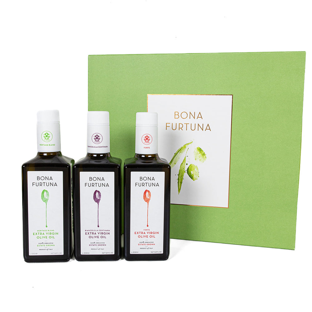 Il Trio Olive Oil Gift Set - Gift Box with Heritage Blend EVOO, Biancolilla Centinara Extra Virgin Olive Oil, Forte Blend EVOO 