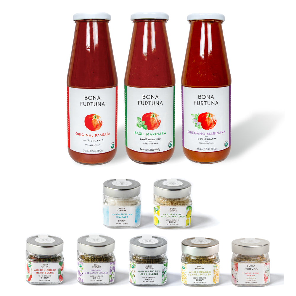 Bona Furtuna pasta sauce bottles and jars on a white background - Heirloom corleonese marinara sauce- Buone Feste Sicilian Holiday Gift collection - italian gift baskets