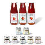 Bona Furtuna pasta sauce bottles and jars on a white background - Heirloom corleonese marinara sauce- Buone Feste Sicilian Holiday Gift collection - italian gift baskets