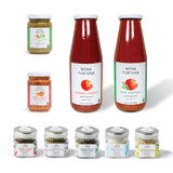 Collection of Bona Furtuna pasta sauce bottles and jars on a white background - Heirloom corleonese marinara sauce - gourmet italian food gift baskets
