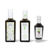 Three bottles of Bona Furtuna olive oil and vinegar on a white background - Heritage Blend Award-winning extra virgin sicilian olive oil- holiday gift set - italian food gift baskets