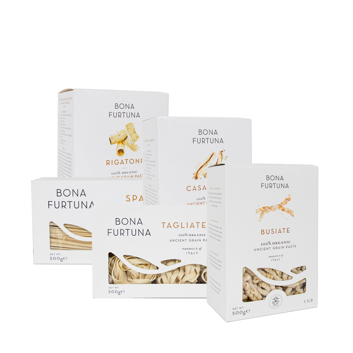 Bona Furtuna pasta boxes on a white background