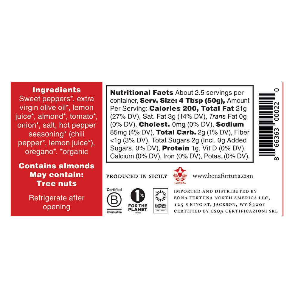 Bona Furtuna Sweet Pepper Pesto - Nutrition Facts and Ingredients