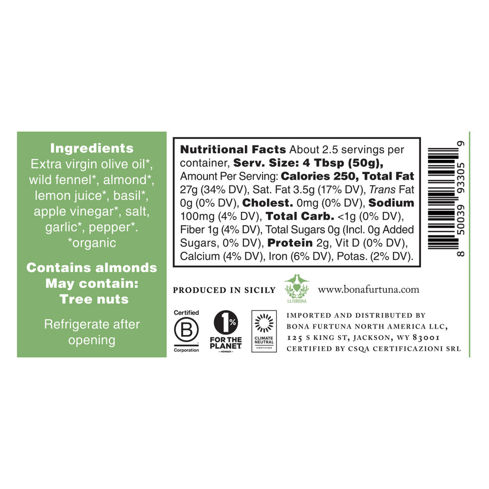 Bona Furtuna Wild Fennel Pesto - Nutrition and Ingredients