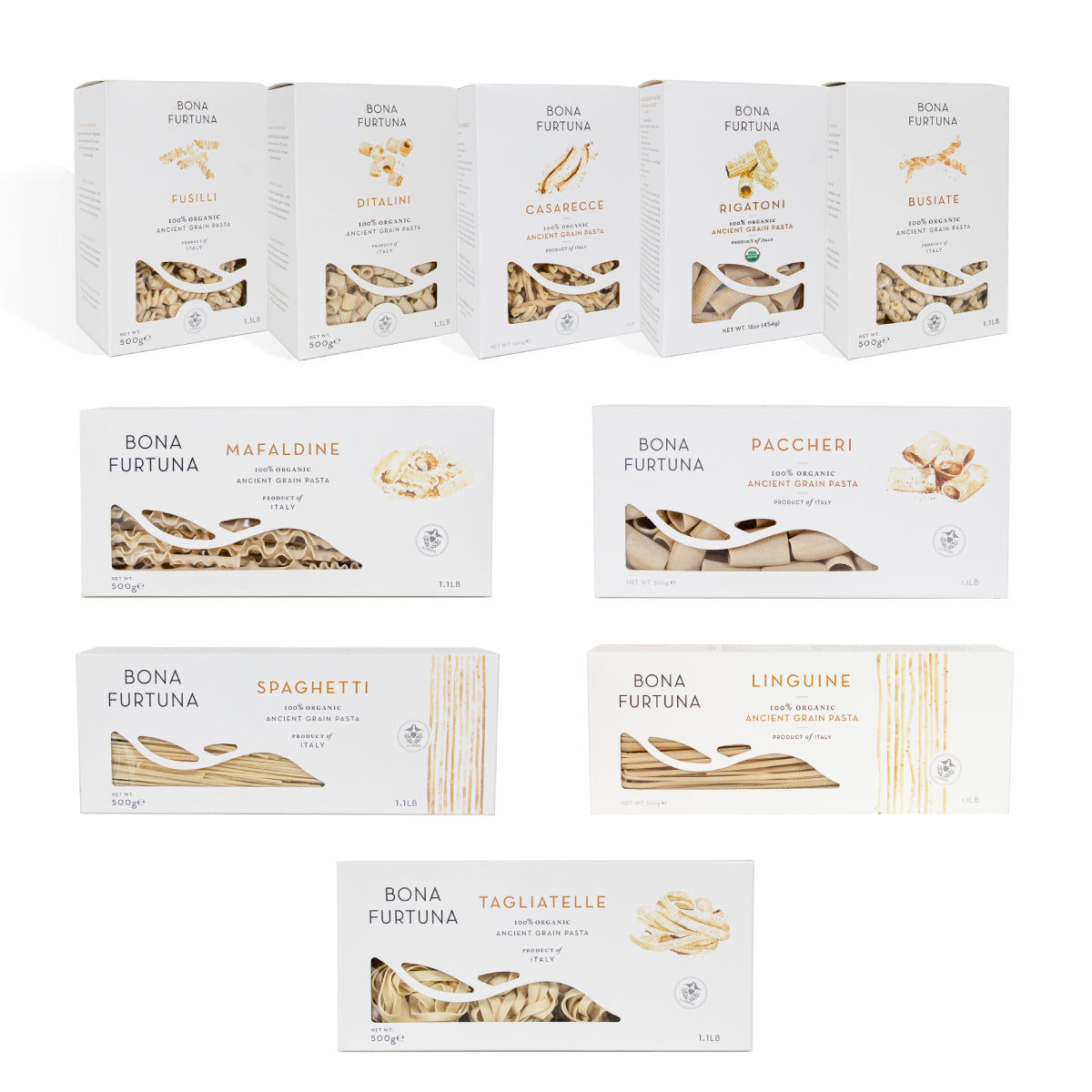 Collection of Bona pasta boxes with various types of pasta on a white background