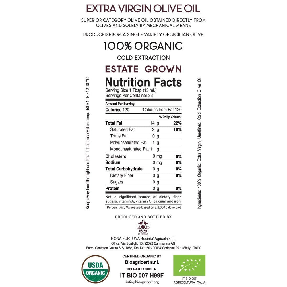 Organic Extra Virgin Olive Oil from the Sicani Mountains in Sicily - Nutrition and Ingredients