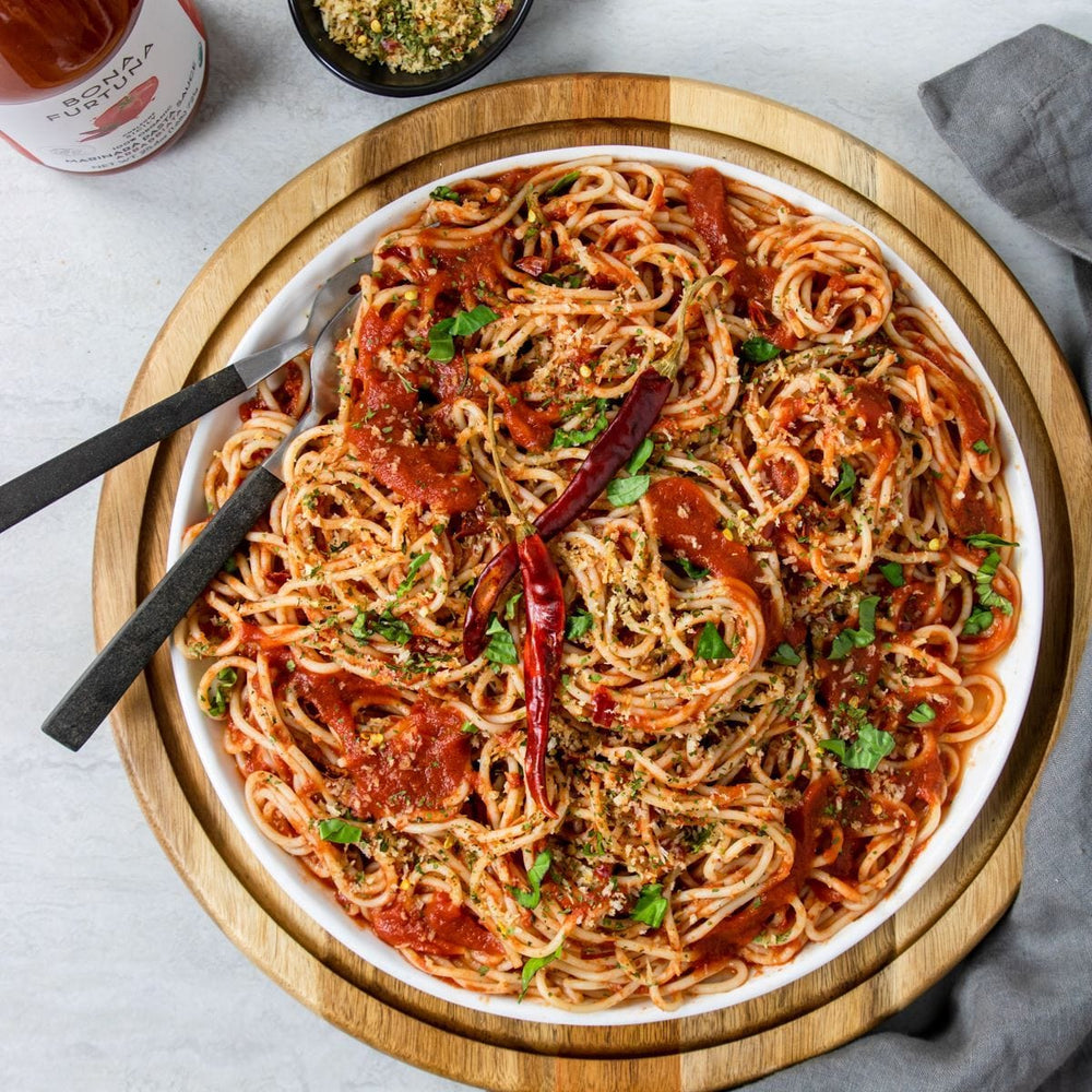 Bona Furtuna Arrabbiata Sauce on Spaghetti - spicy red sauce for pasta