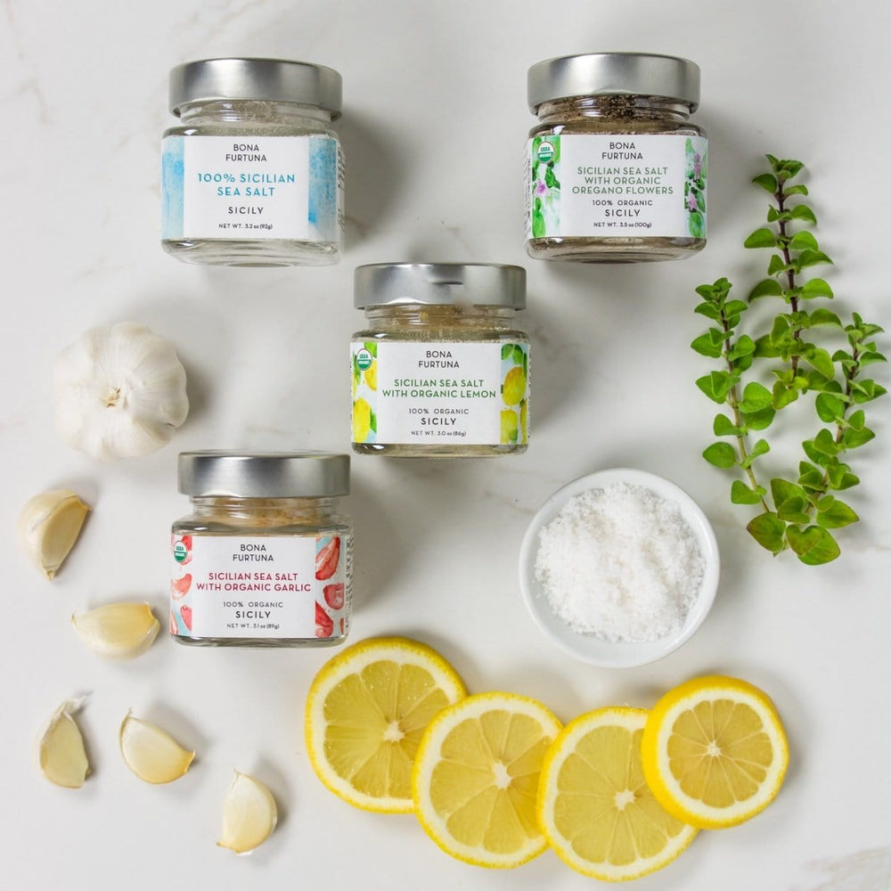 Bona Furtuna Trapani Sea Salt Collection - Pure Sicilian Sea Salt, Oregano Sea Salt, Lemon Sea Salt, Garlic Sea Salt