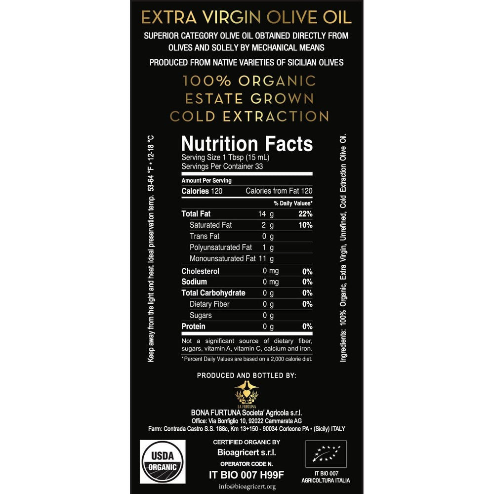 Organic Sicilian Extra Virgin Olive Oil from the Sicani Mountains of Sicily- Label