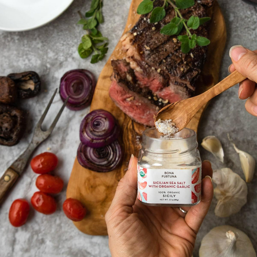 Bona Furtuna Sicilian Sea Salt with Organic Garlic on Steak - Buy Red Garlic Salt Mix