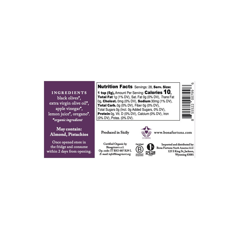 Bona Furtuna Black Olive Tapenade - Nutrition Facts and Ingredients